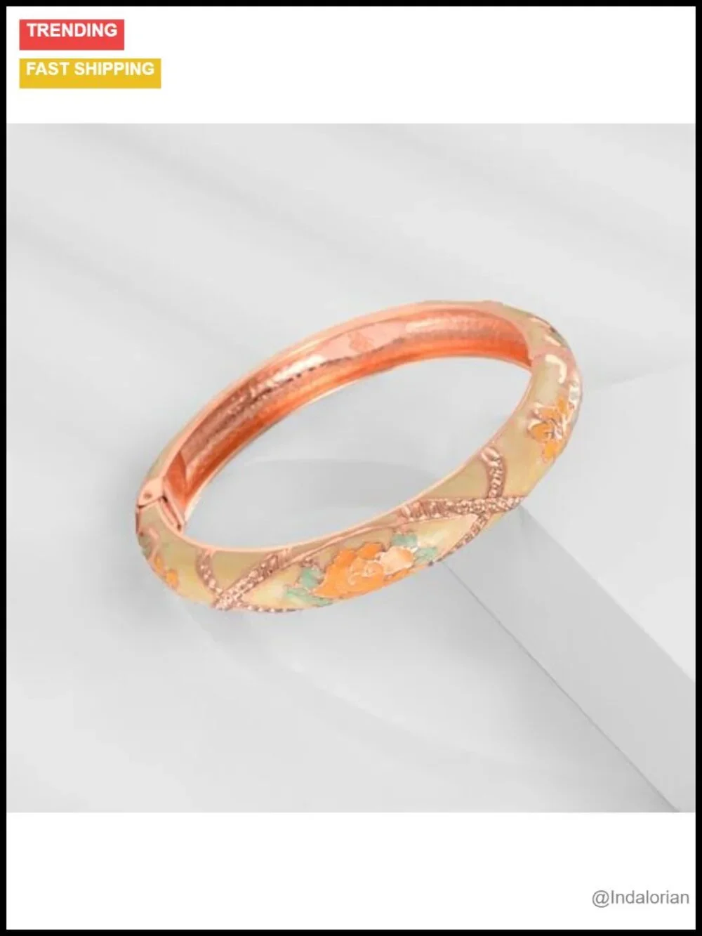 Enamel Bangle Bracelets Set of 5 Rose Floral Engraved Cloisonne Gold Plated